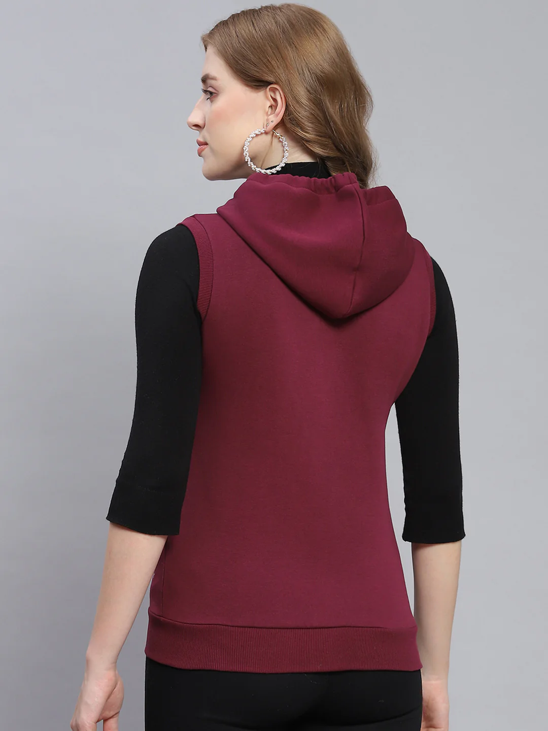 Women Maroon Solid Hooded Sleeveless Sweatshirts - Image 5
