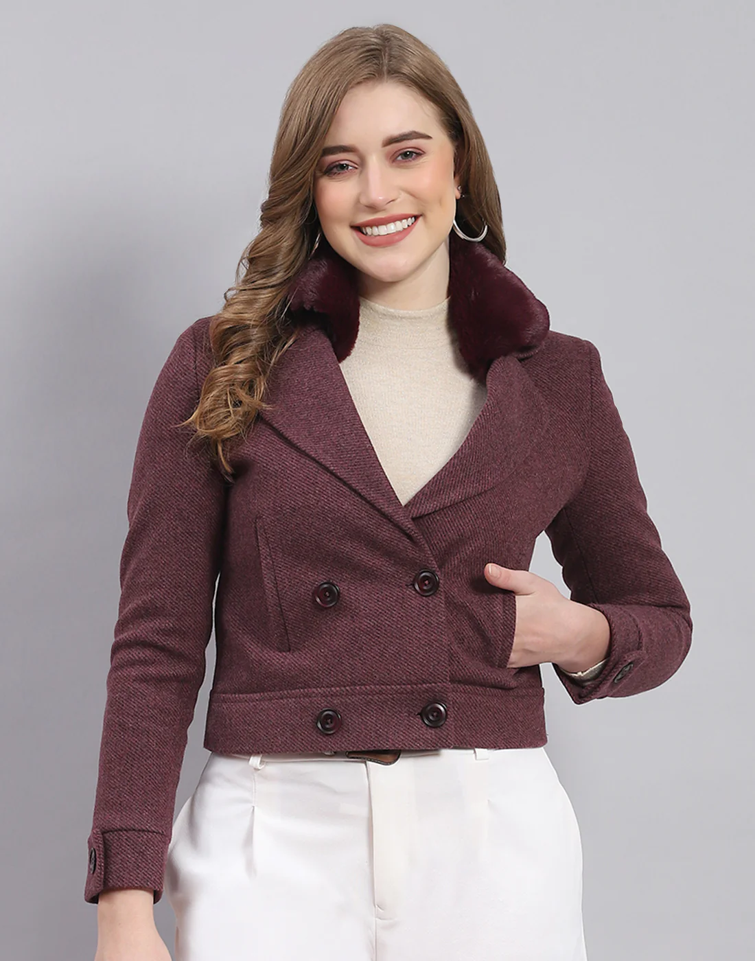 Women Maroon Solid Lapel Collar Full Sleeve Coat - Image 4