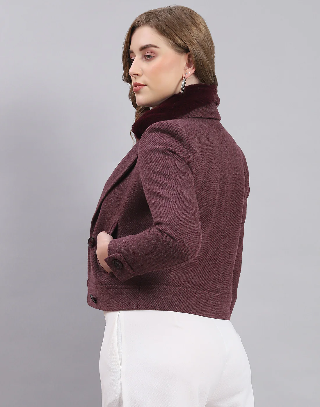 Women Maroon Solid Lapel Collar Full Sleeve Coat - Image 6