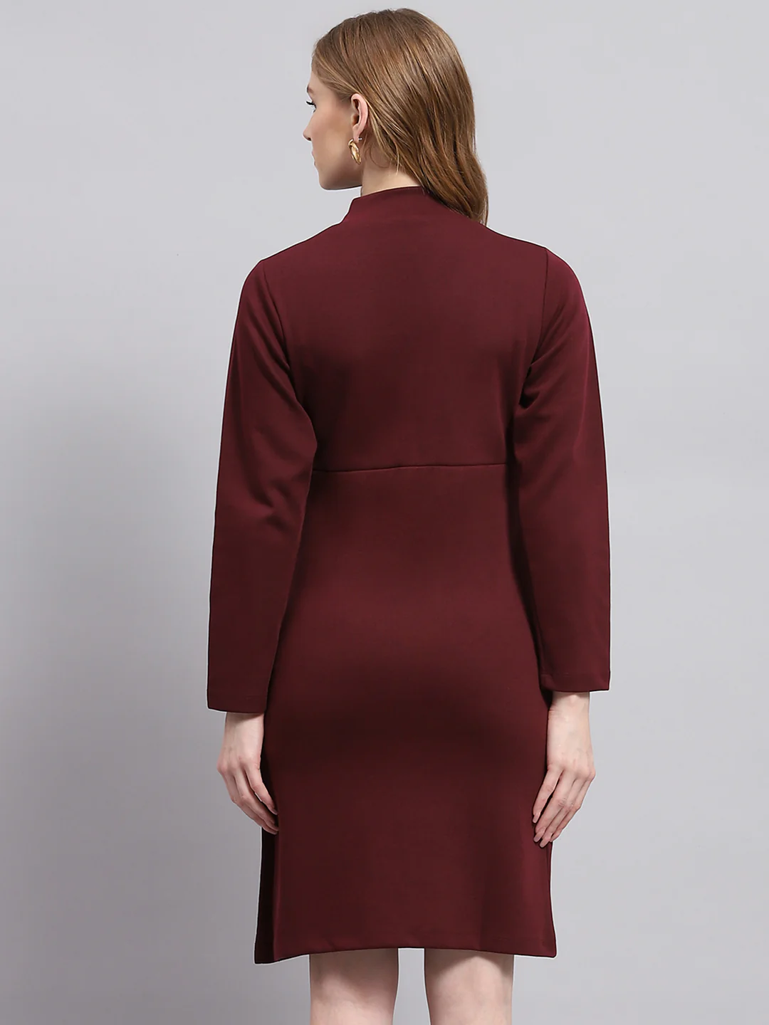 Women Maroon Solid Mock Neck Full Sleeve Dress - Image 5