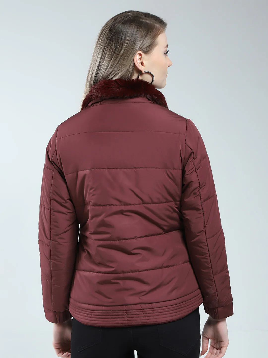 Women Maroon Solid Mock Neck Full Sleeve Reversible Jacket - Image 5