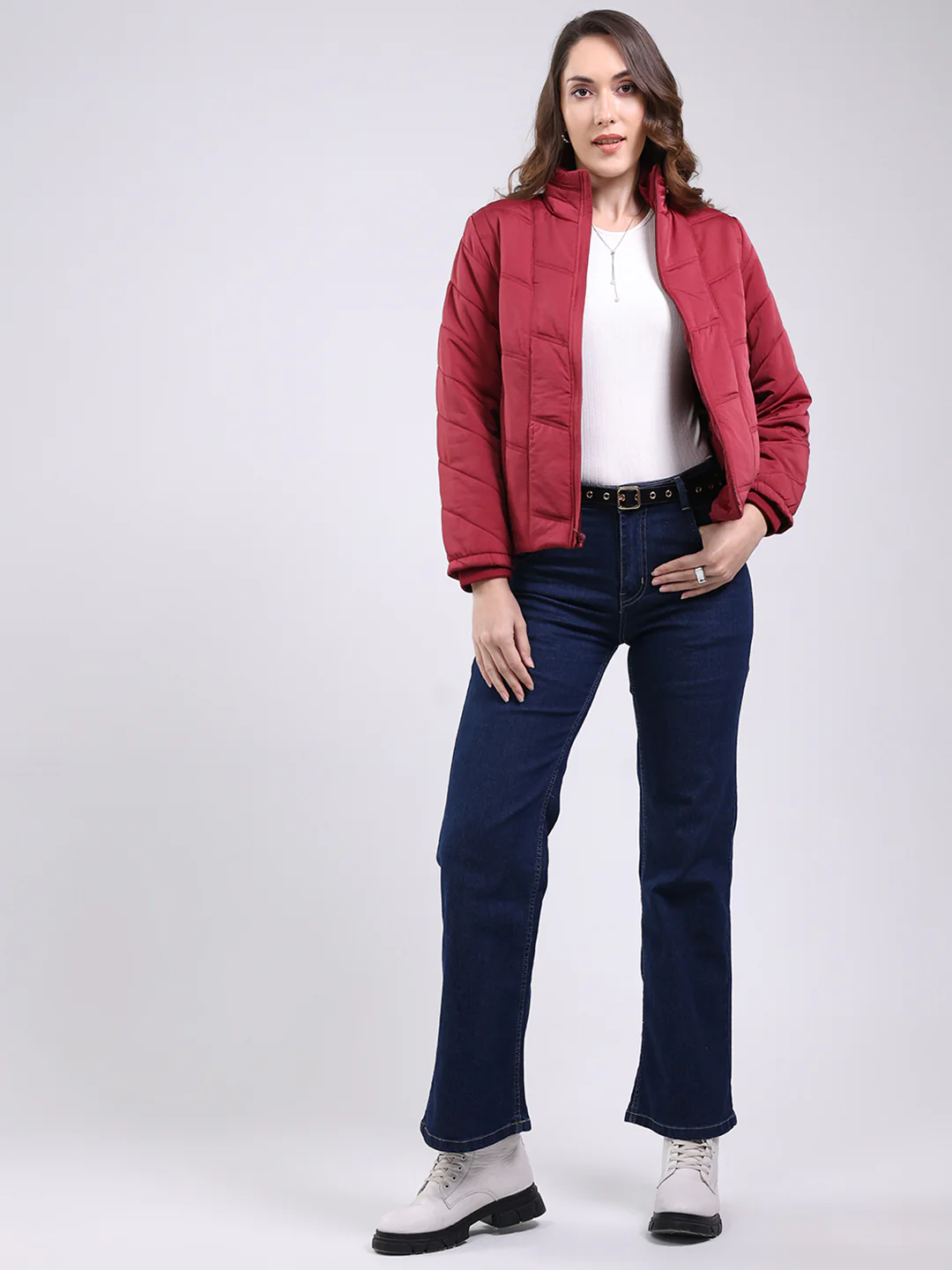 Women Maroon Solid Mock Neck Full Sleeve Jacket - Image 6