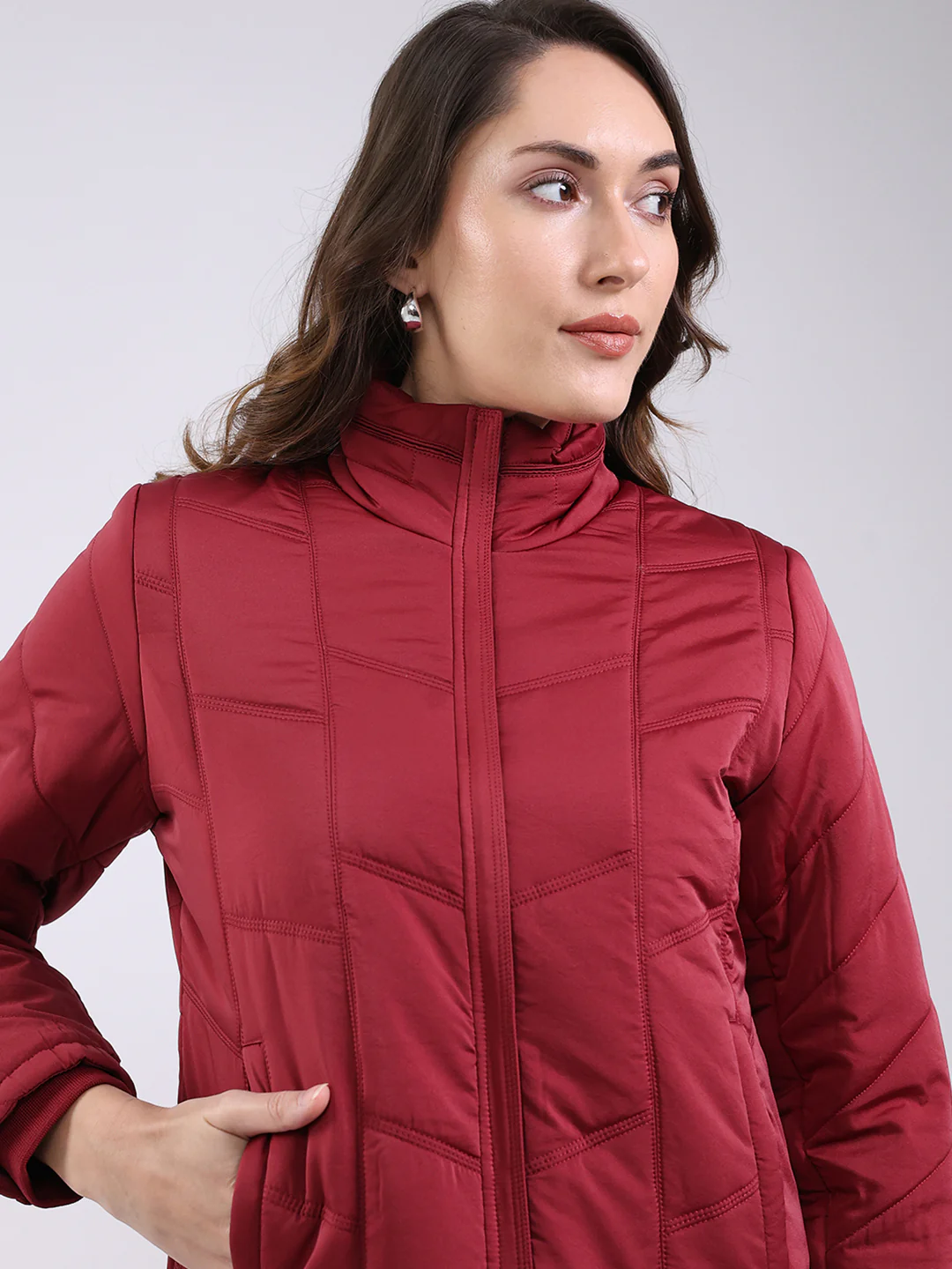 Women Maroon Solid Mock Neck Full Sleeve Jacket - Image 7