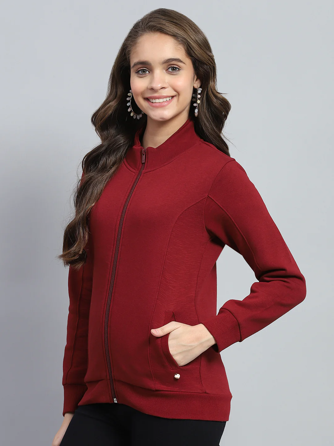 Women Maroon Solid Mock Neck Full Sleeve Sweatshirt - Image 3