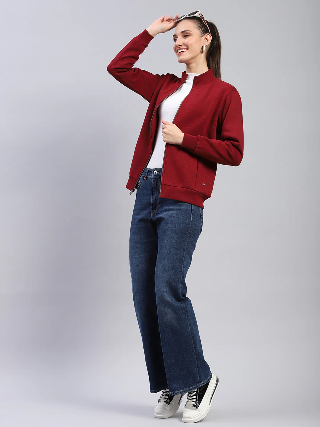 Women Maroon Solid Mock Neck Full Sleeve Sweatshirt - Image 2
