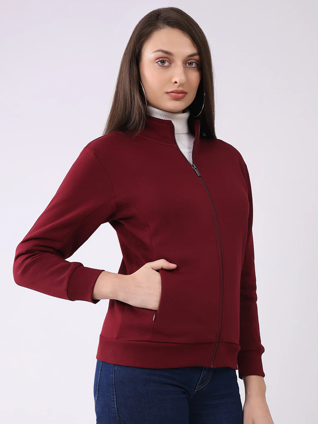 Women Maroon Solid Mock Neck Full Sleeve Sweatshirt - Image 4