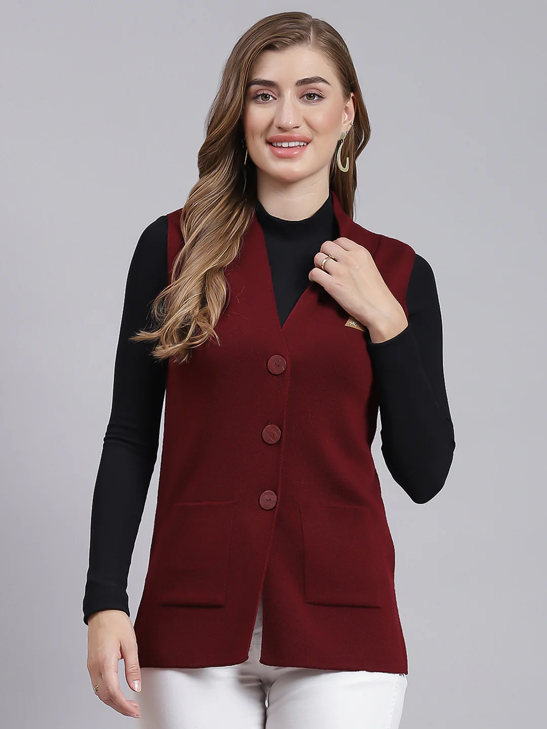Women Maroon Solid Pure wool Cardigan - Image 2