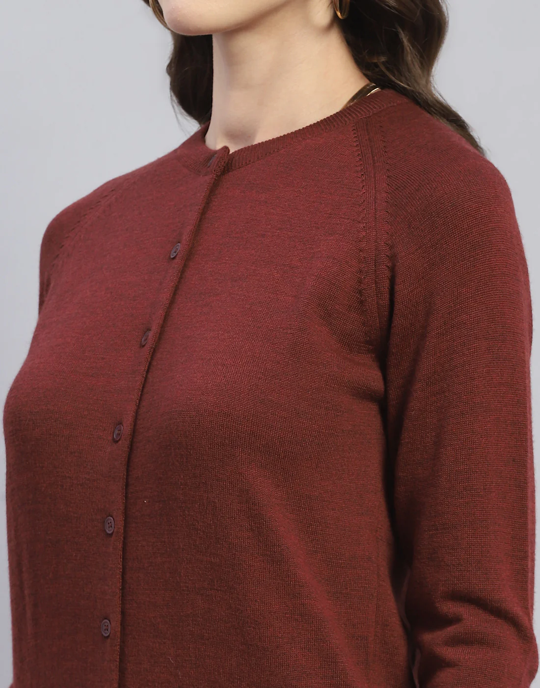 Women Maroon Solid Round Neck Full Sleeve Cardigan - Image 6
