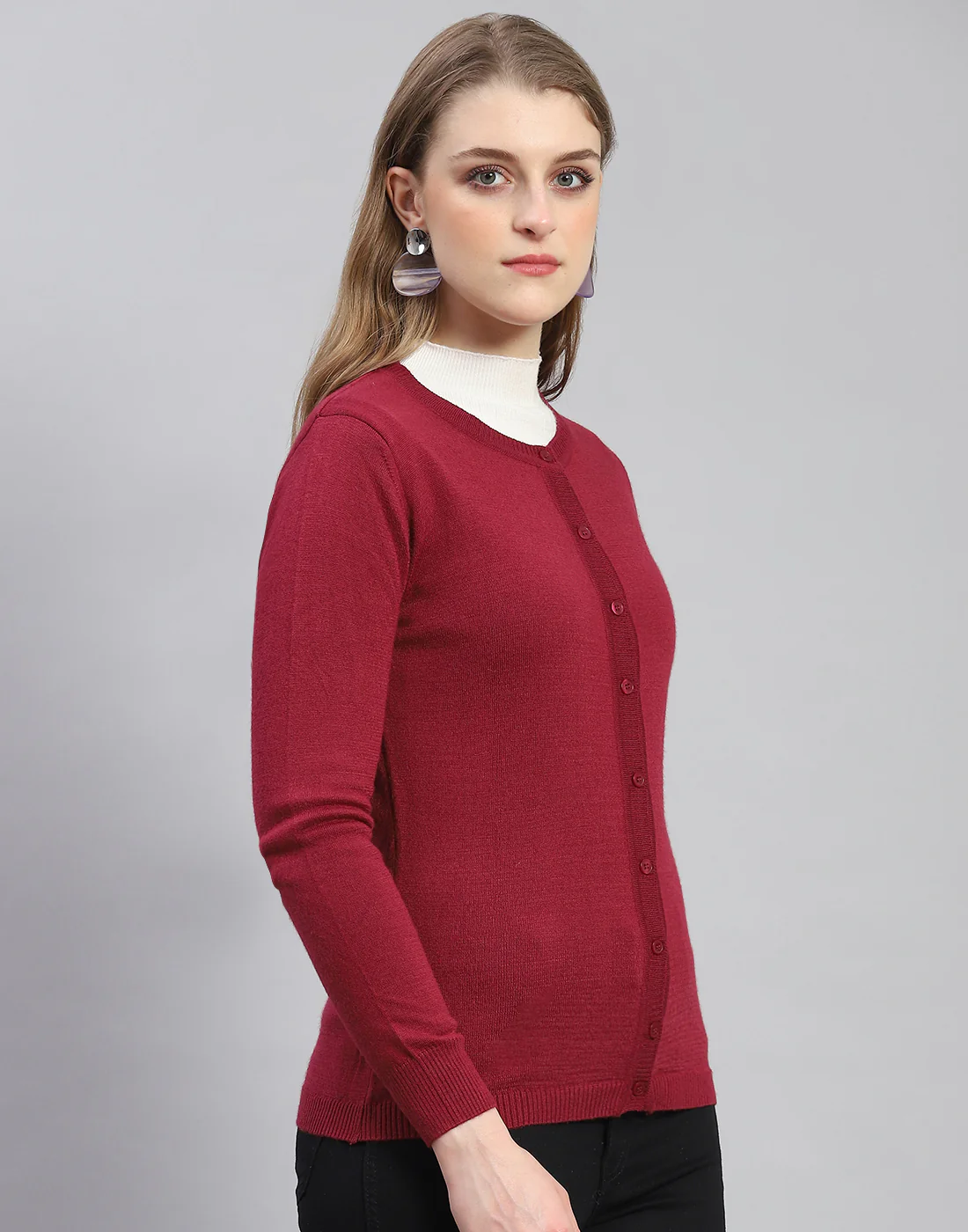 Women Maroon Solid Round Neck Full Sleeve Cardigan - Image 4