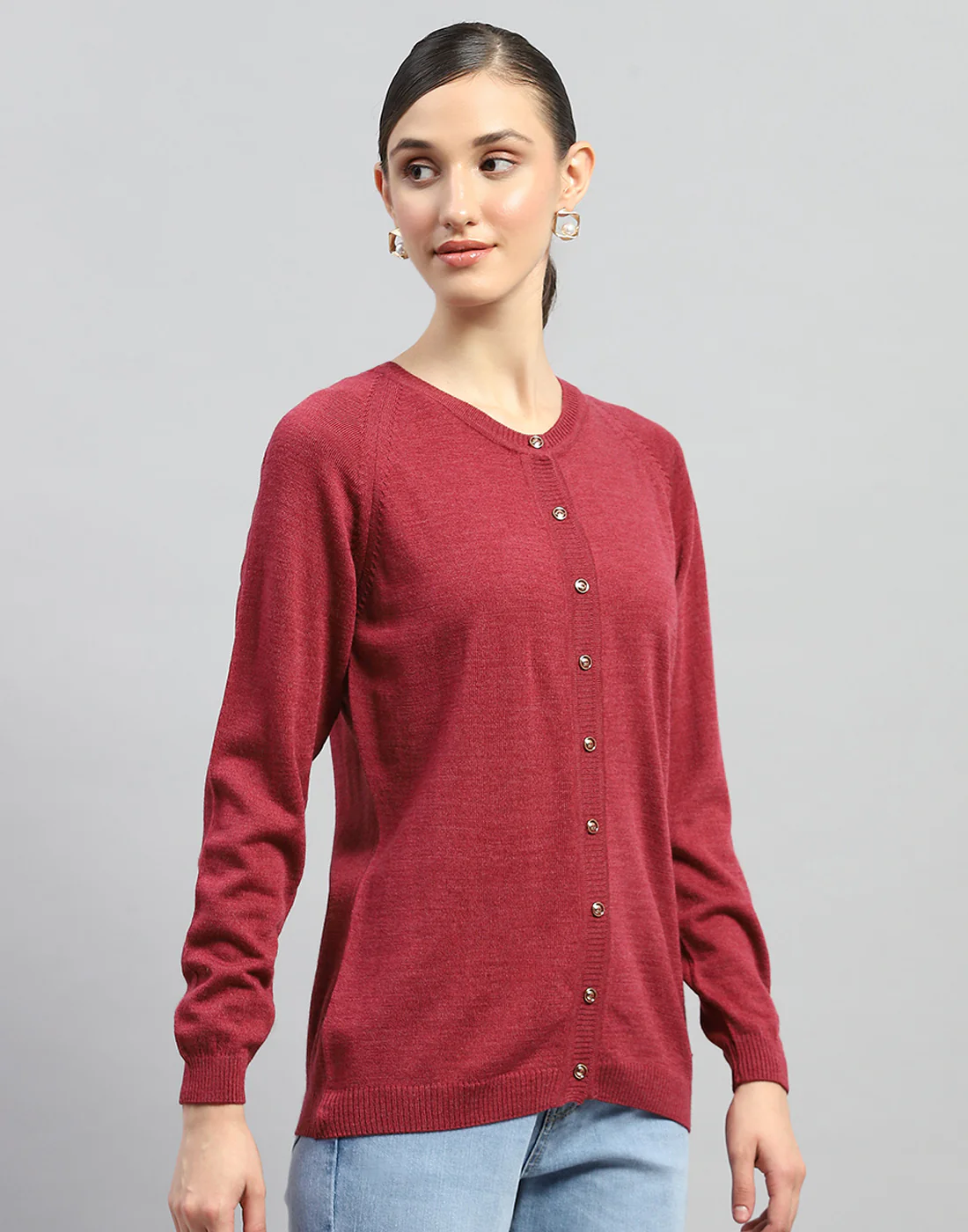 Women Maroon Solid Round Neck Full Sleeve Cardigan - Image 4
