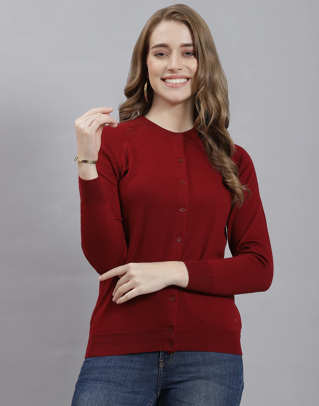 Women Maroon Solid Round Neck Full Sleeve Cardigan - Image 2