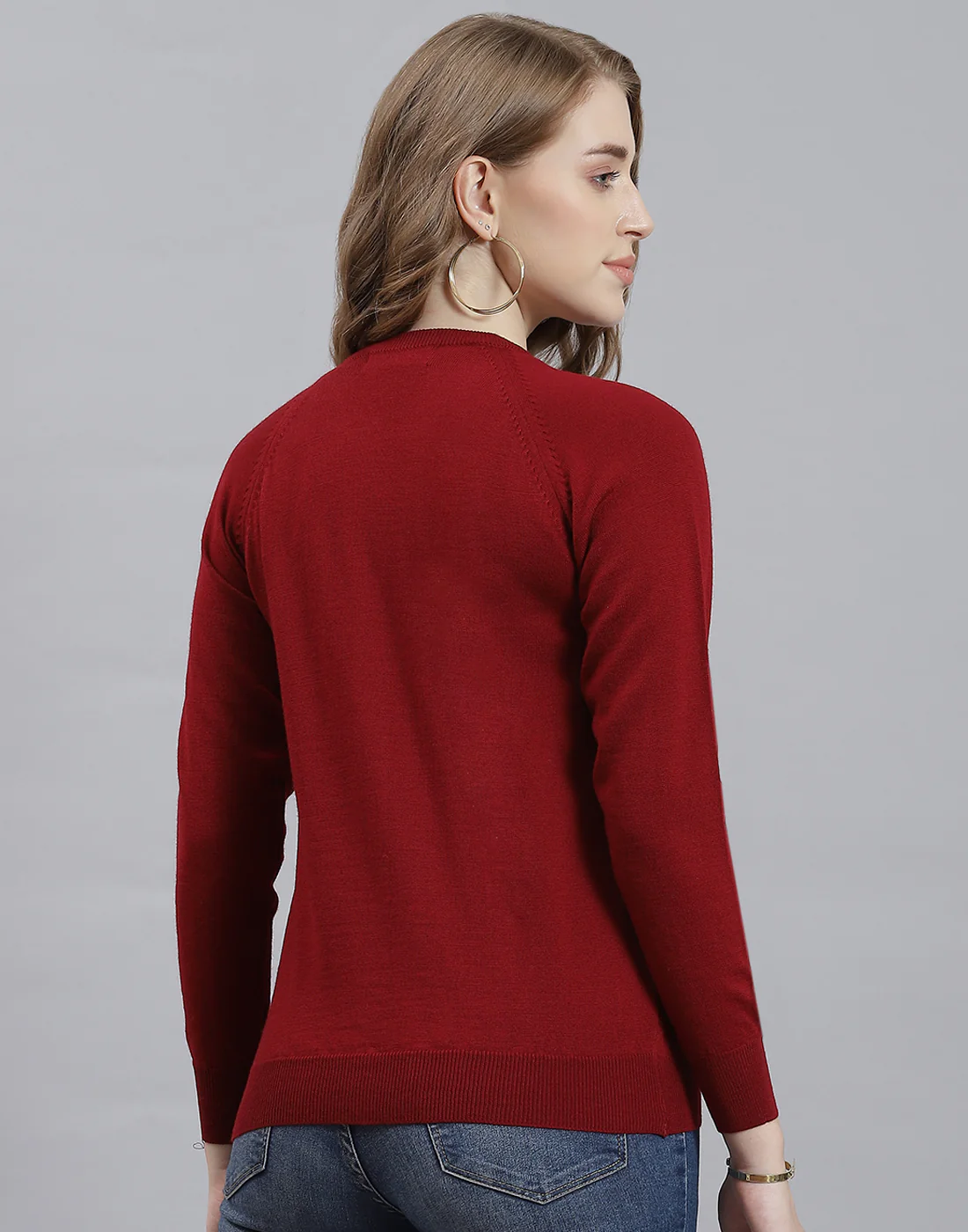 Women Maroon Solid Round Neck Full Sleeve Cardigan - Image 5