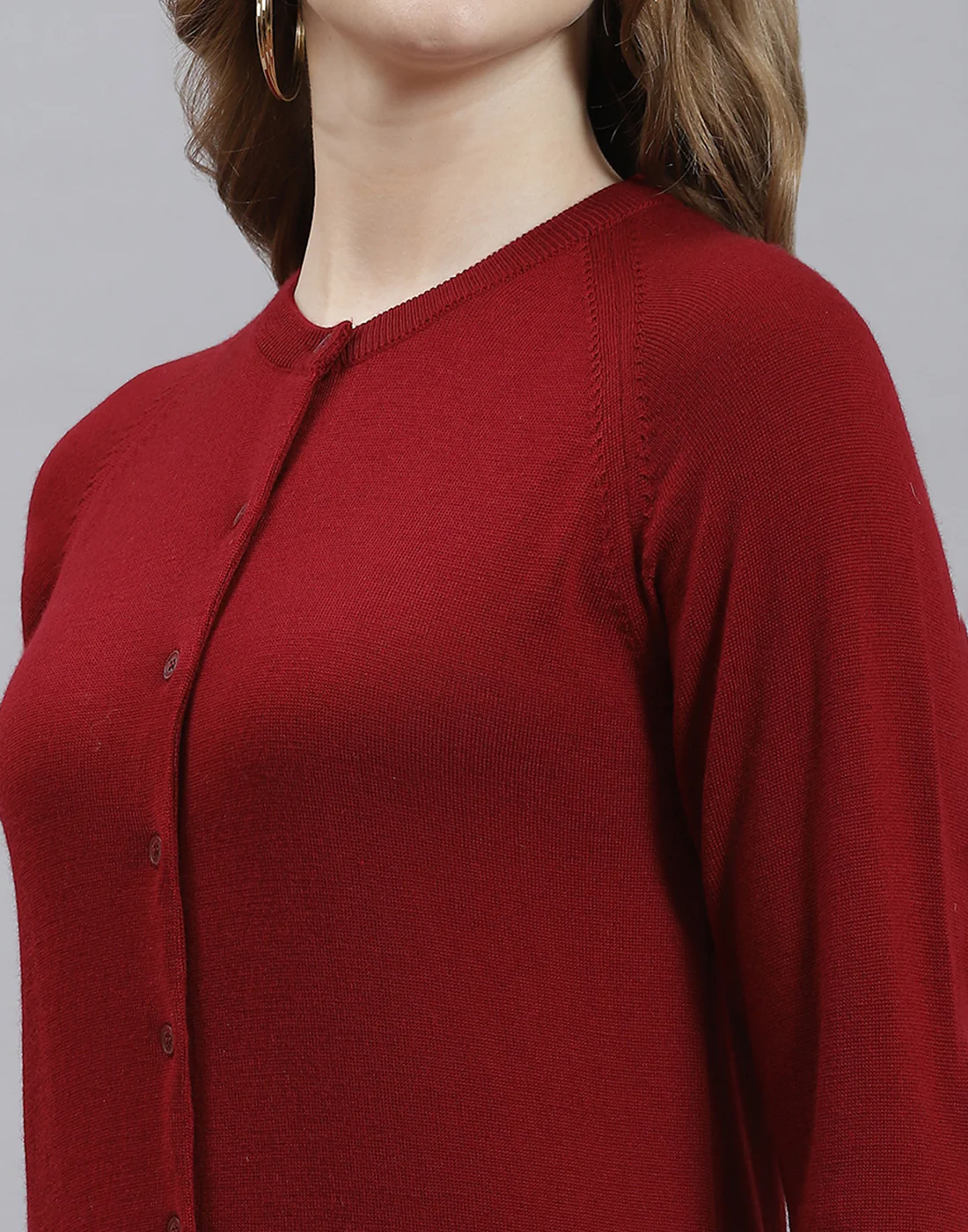 Women Maroon Solid Round Neck Full Sleeve Cardigan - Image 6