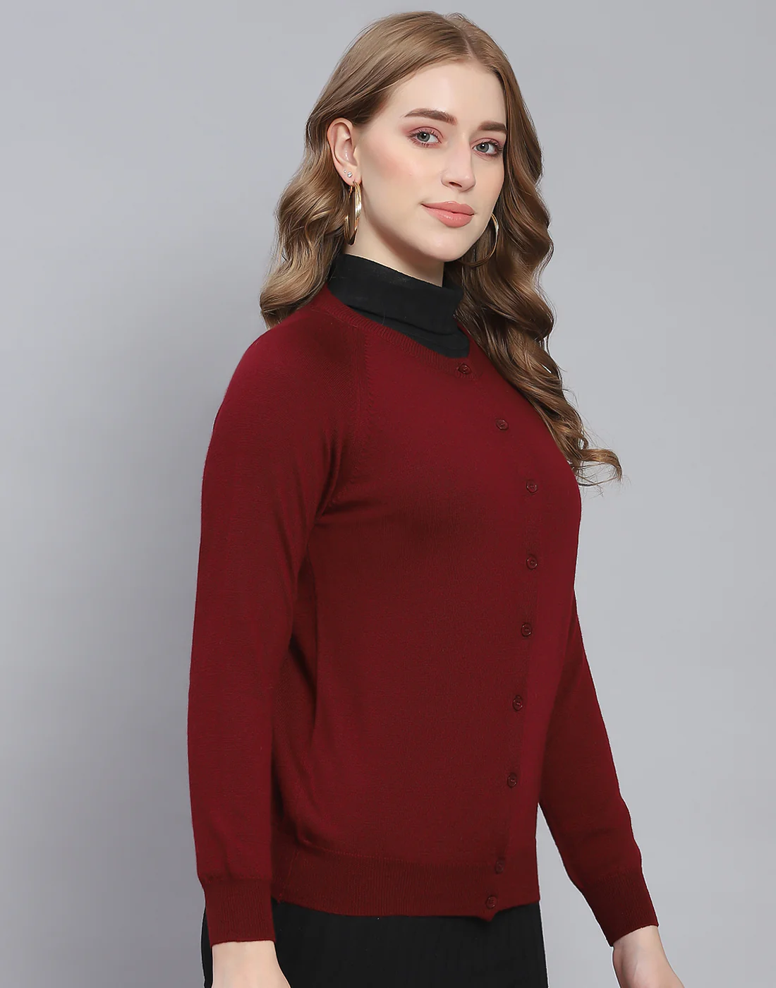Women Maroon Solid Round Neck Full Sleeve Cardigan - Image 4
