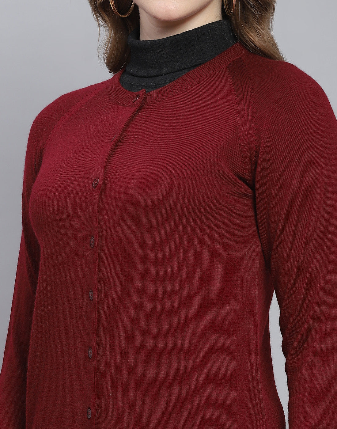 Women Maroon Solid Round Neck Full Sleeve Cardigan - Image 6