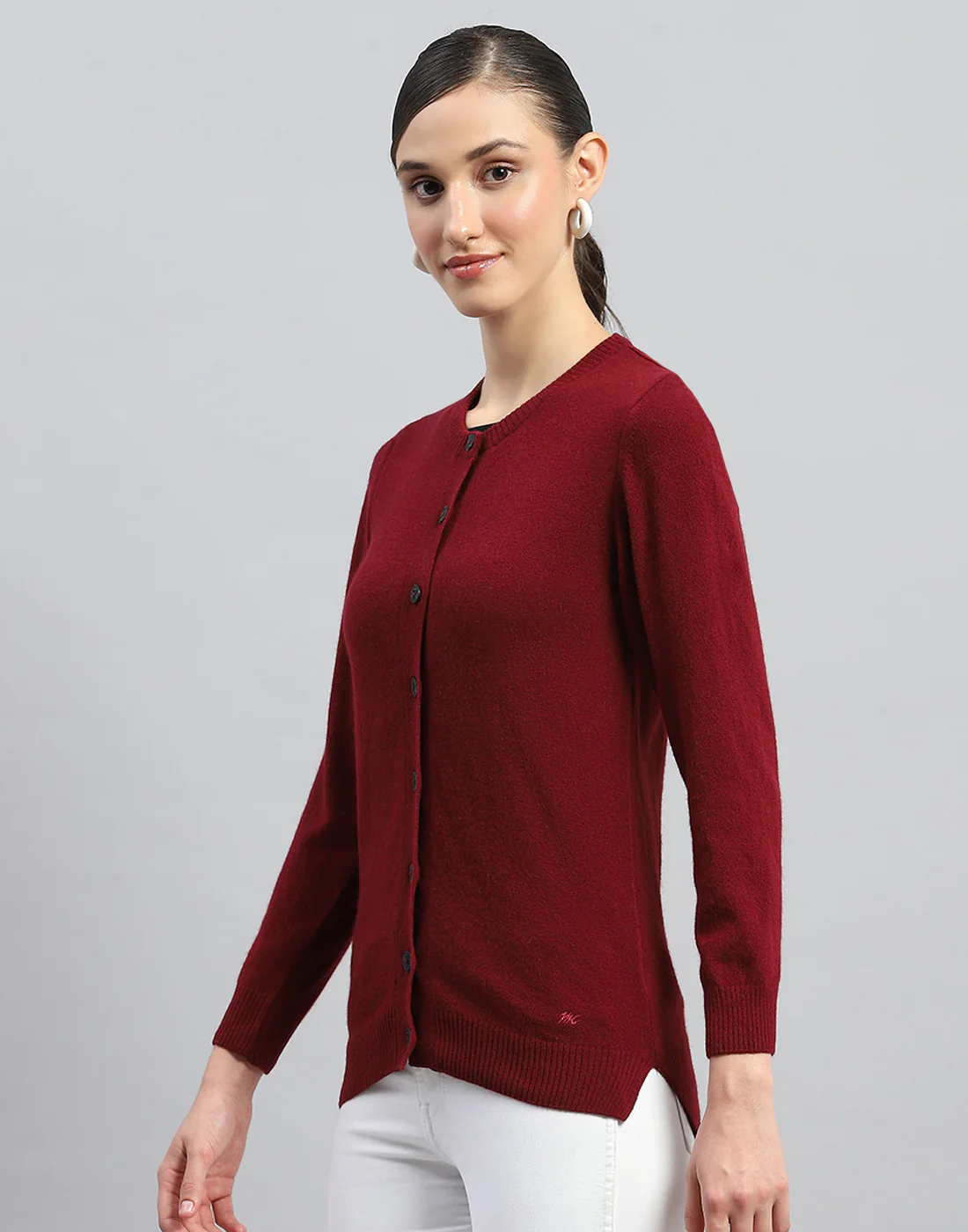 Women Maroon Solid Round Neck Full Sleeve Cardigan - Image 3