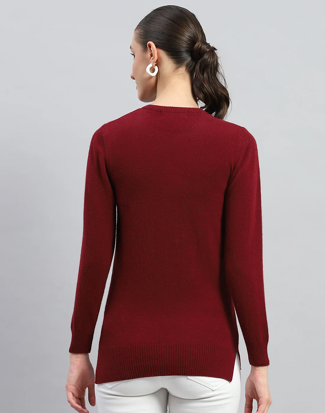 Women Maroon Solid Round Neck Full Sleeve Cardigan - Image 5