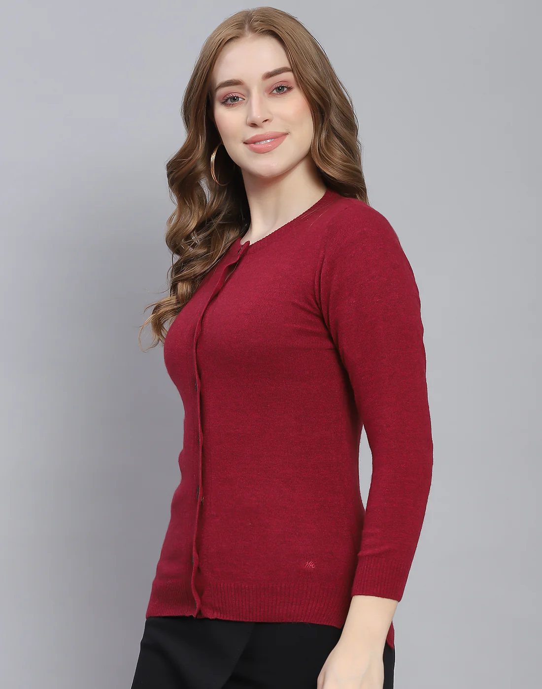 Women Maroon Solid Round Neck Full Sleeve Cardigan - Image 3
