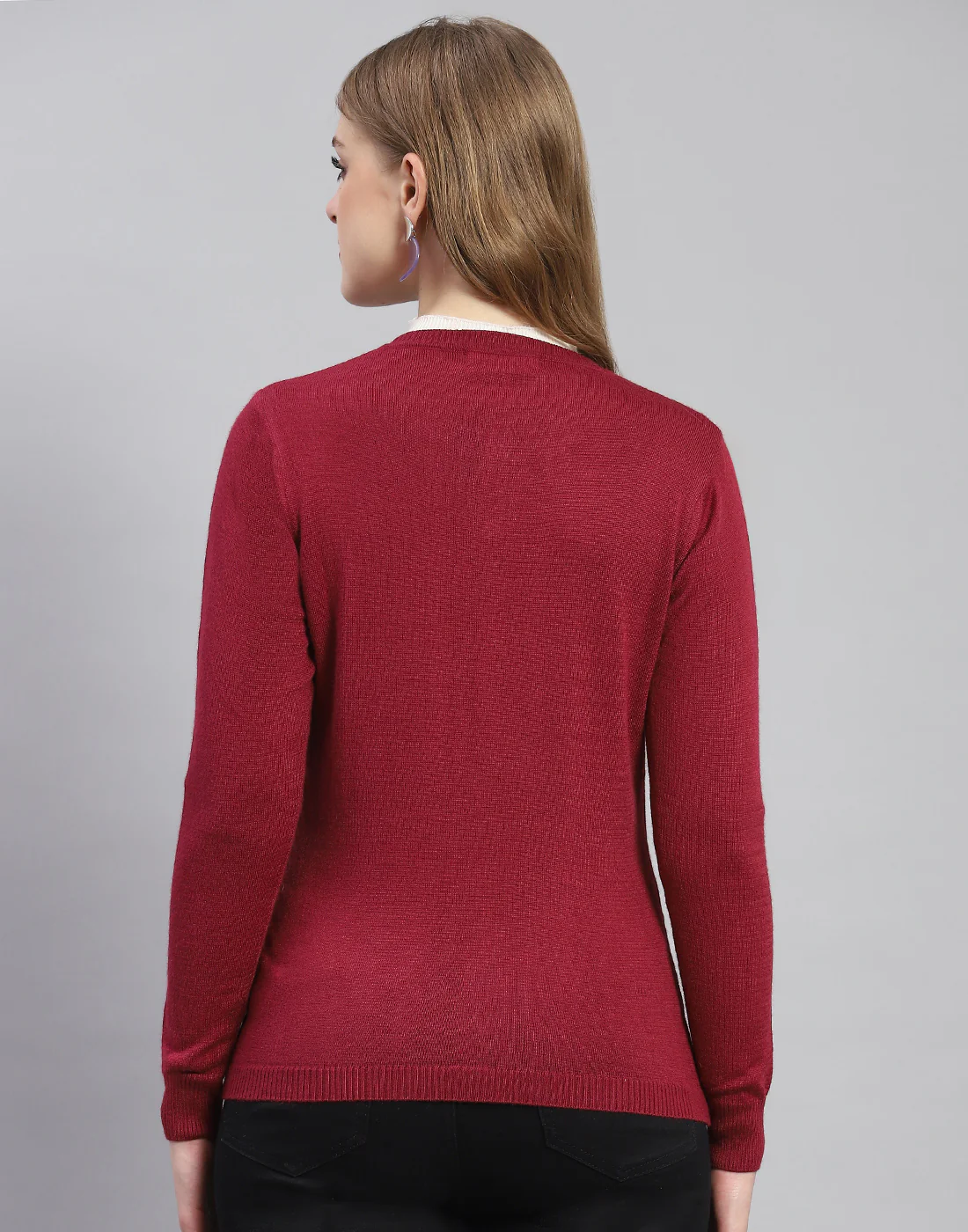 Women Maroon Solid Round Neck Full Sleeve Cardigan - Image 5