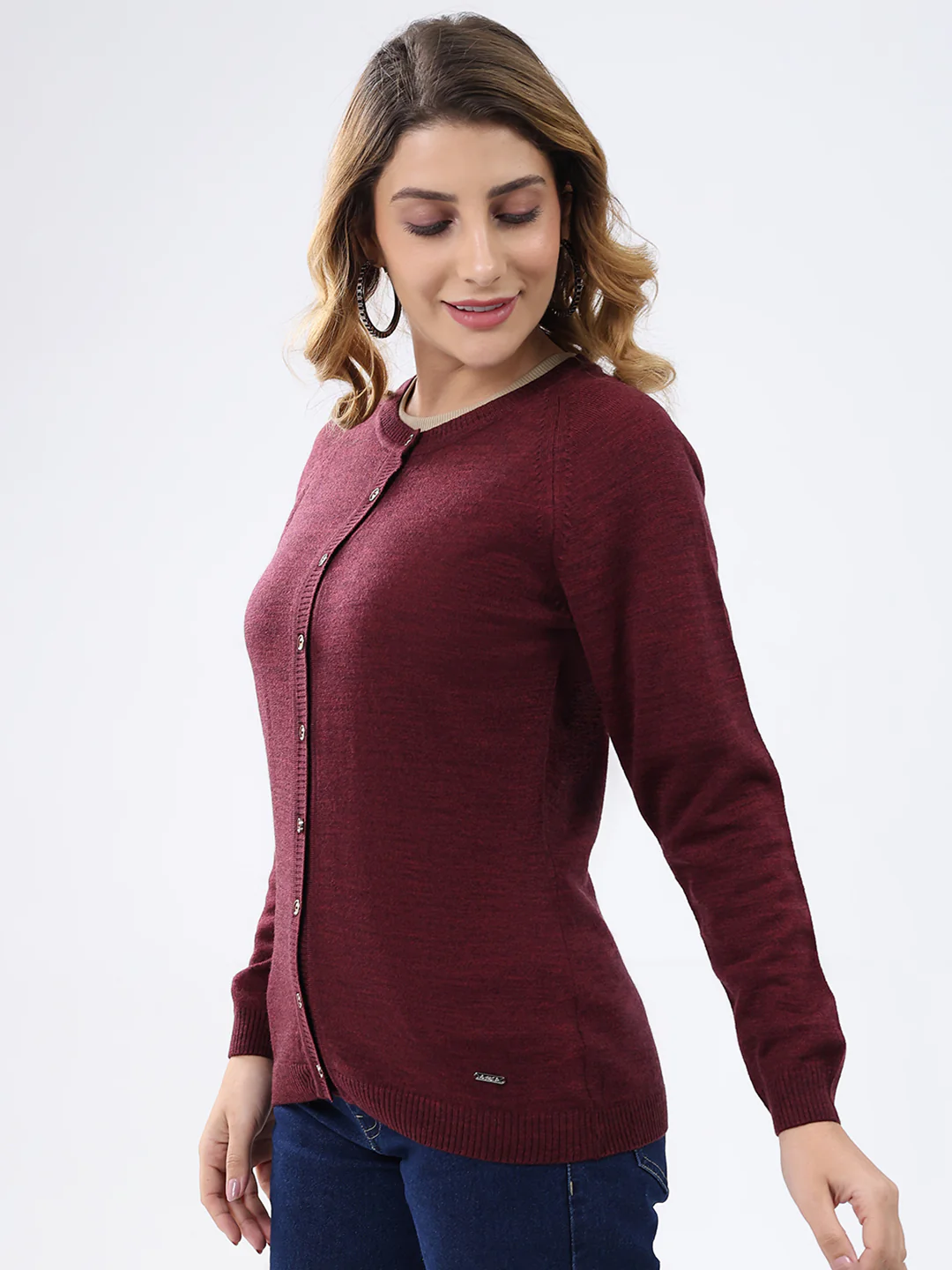 Women Maroon Solid Round Neck Full Sleeve Cardigan - Image 3