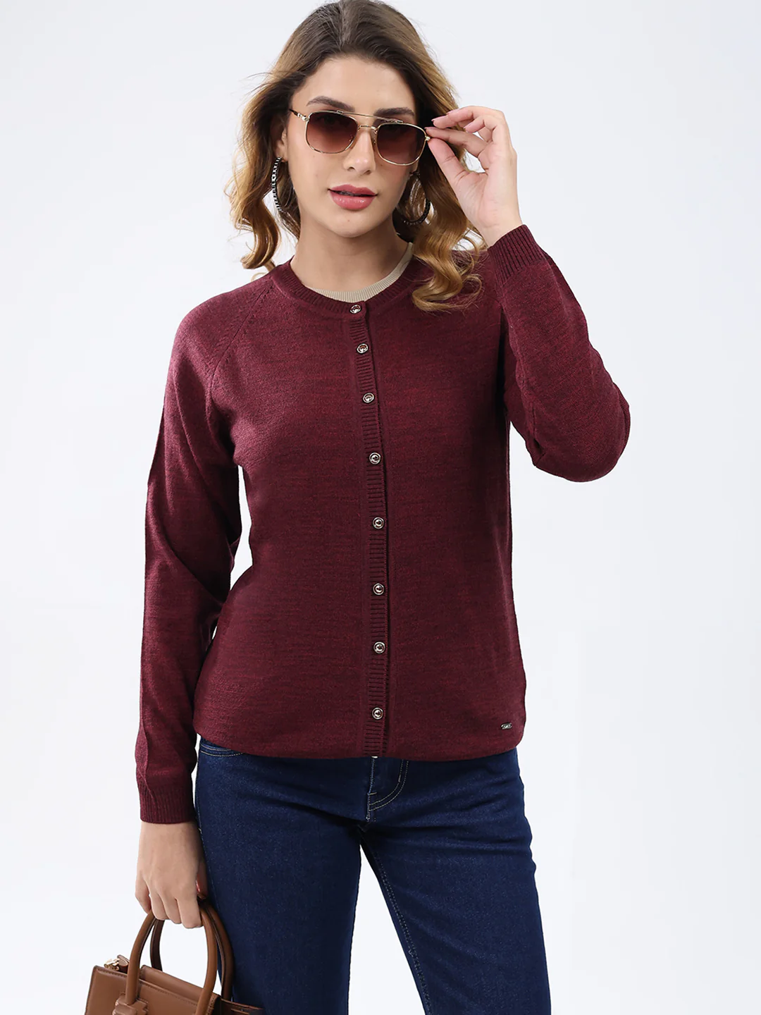 Women Maroon Solid Round Neck Full Sleeve Cardigan - Image 6