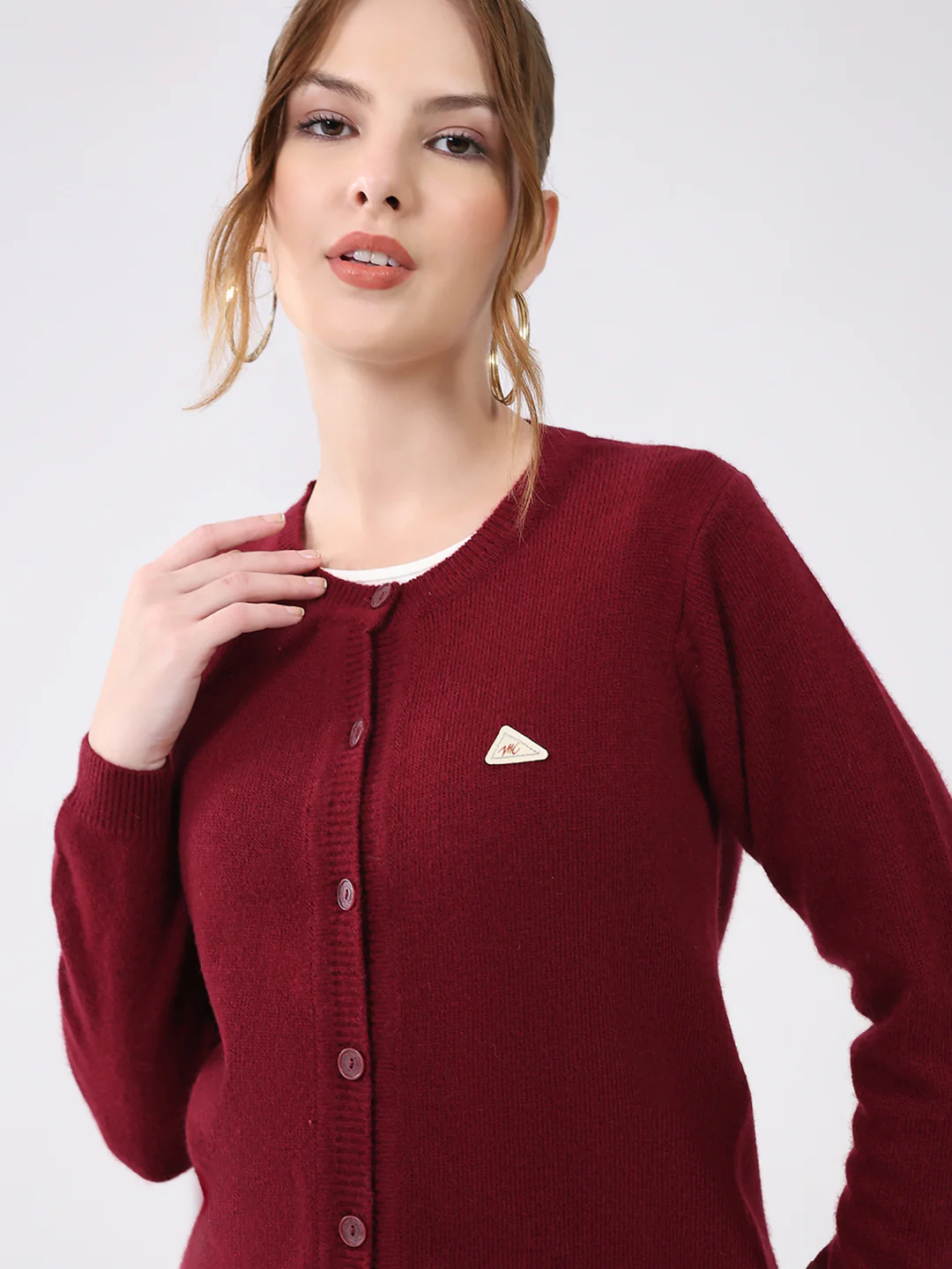 Women Maroon Solid Round Neck Full Sleeve Cardigan - Image 6