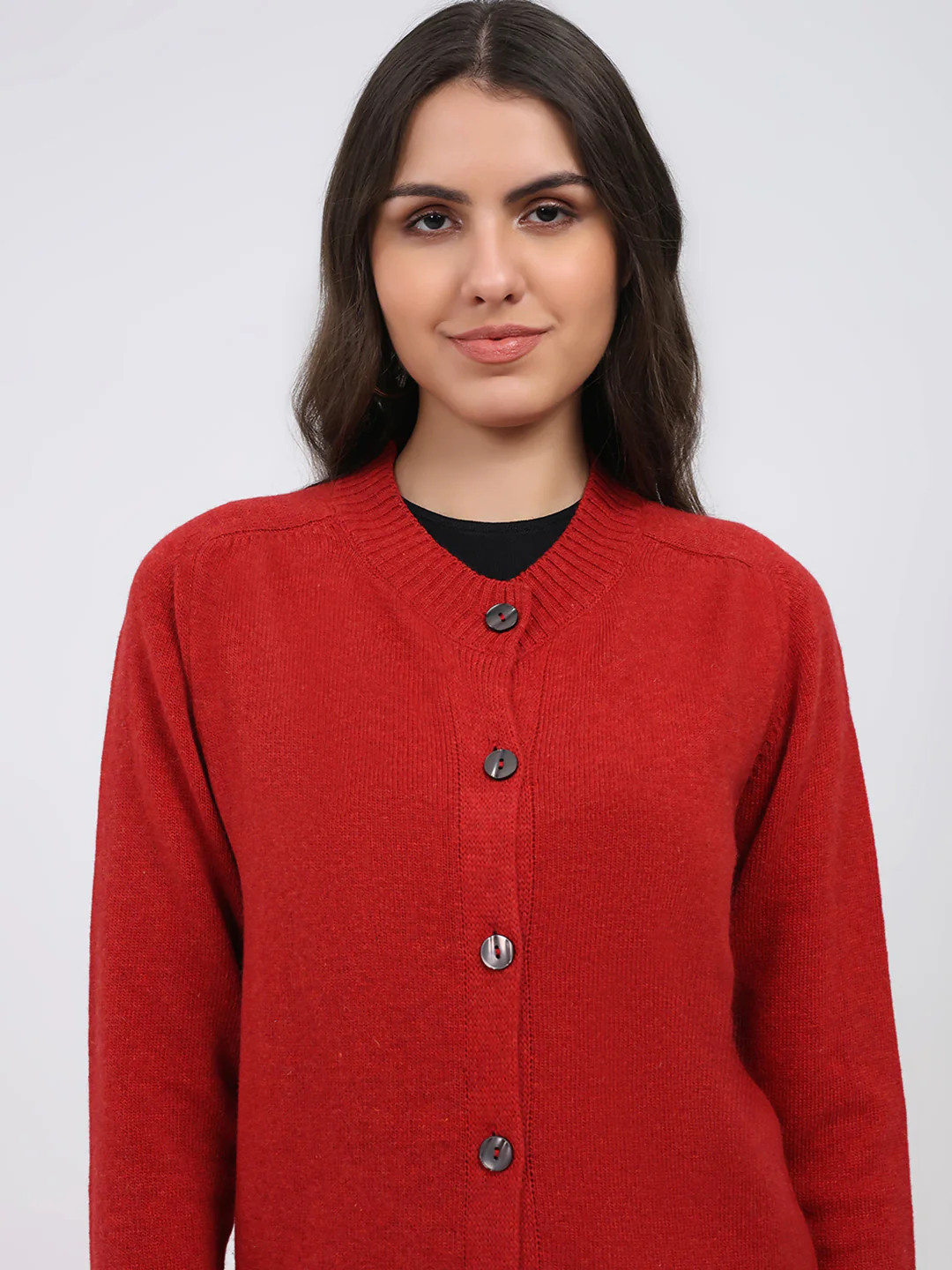 Women Maroon Solid Round Neck Full Sleeve Cardigan - Image 6