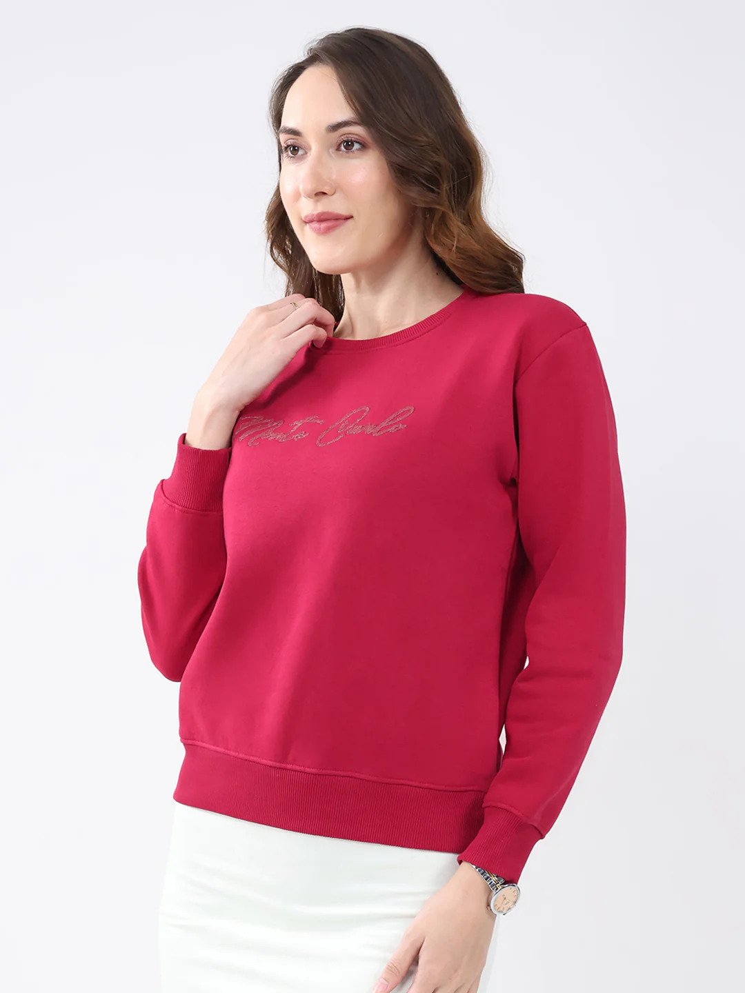 Women Maroon Solid Round Neck Full Sleeve Sweatshirt - Image 3
