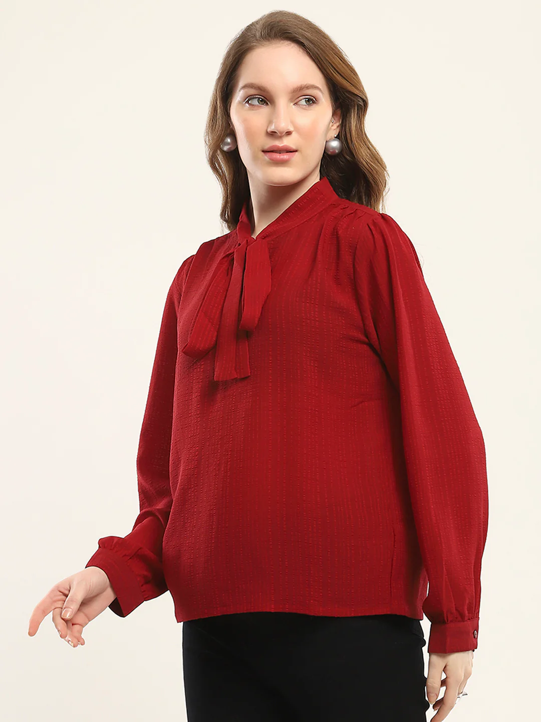 Women Maroon Solid Round Neck Full Sleeve Winte Top - Image 3