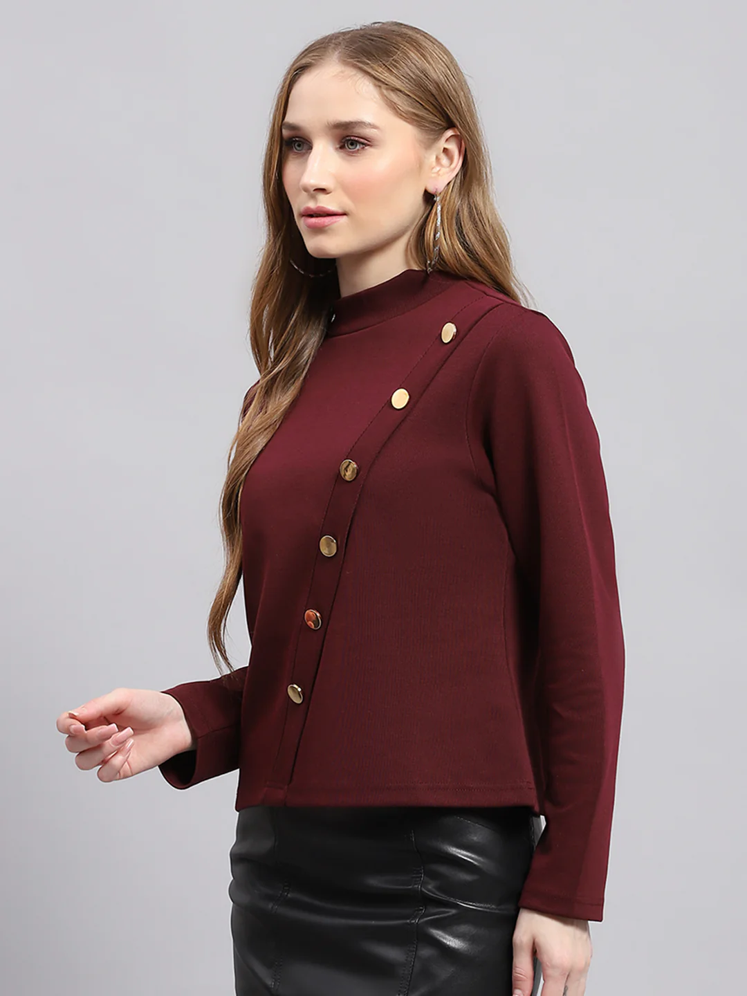 Women Maroon Solid Round Neck Full Sleeve Winter Tops - Image 3
