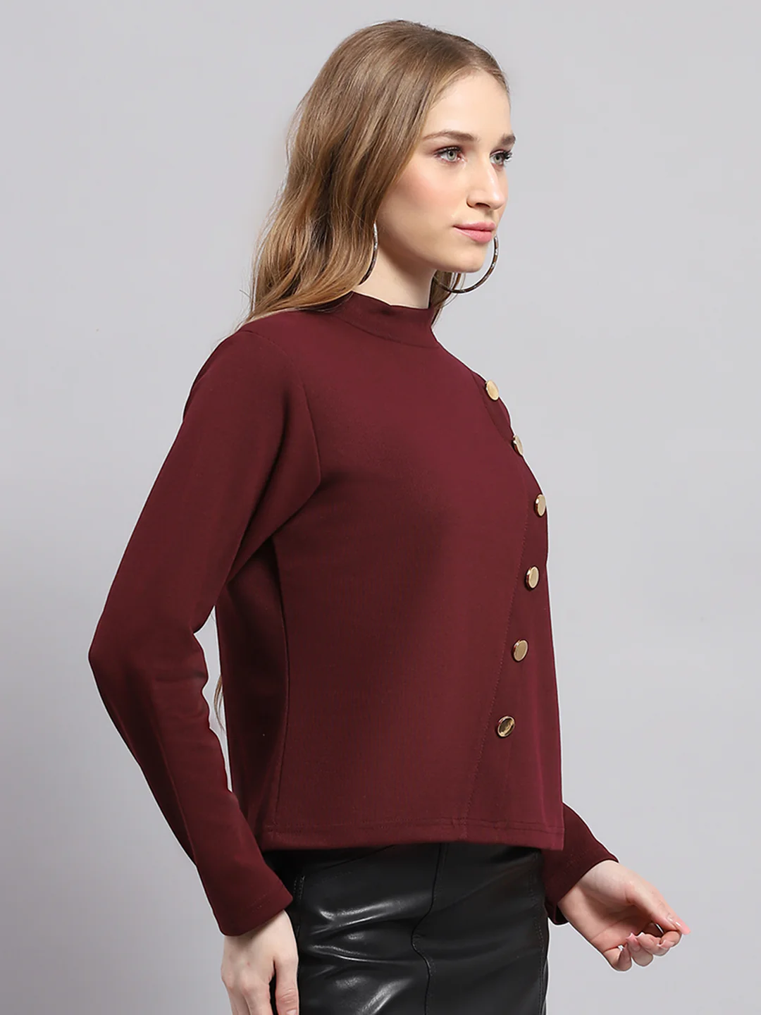 Women Maroon Solid Round Neck Full Sleeve Winter Tops - Image 4