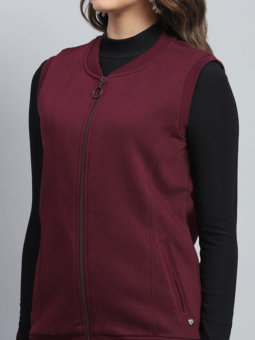 Women Maroon Solid Round Neck Sleeveless Sweatshirt - Image 6