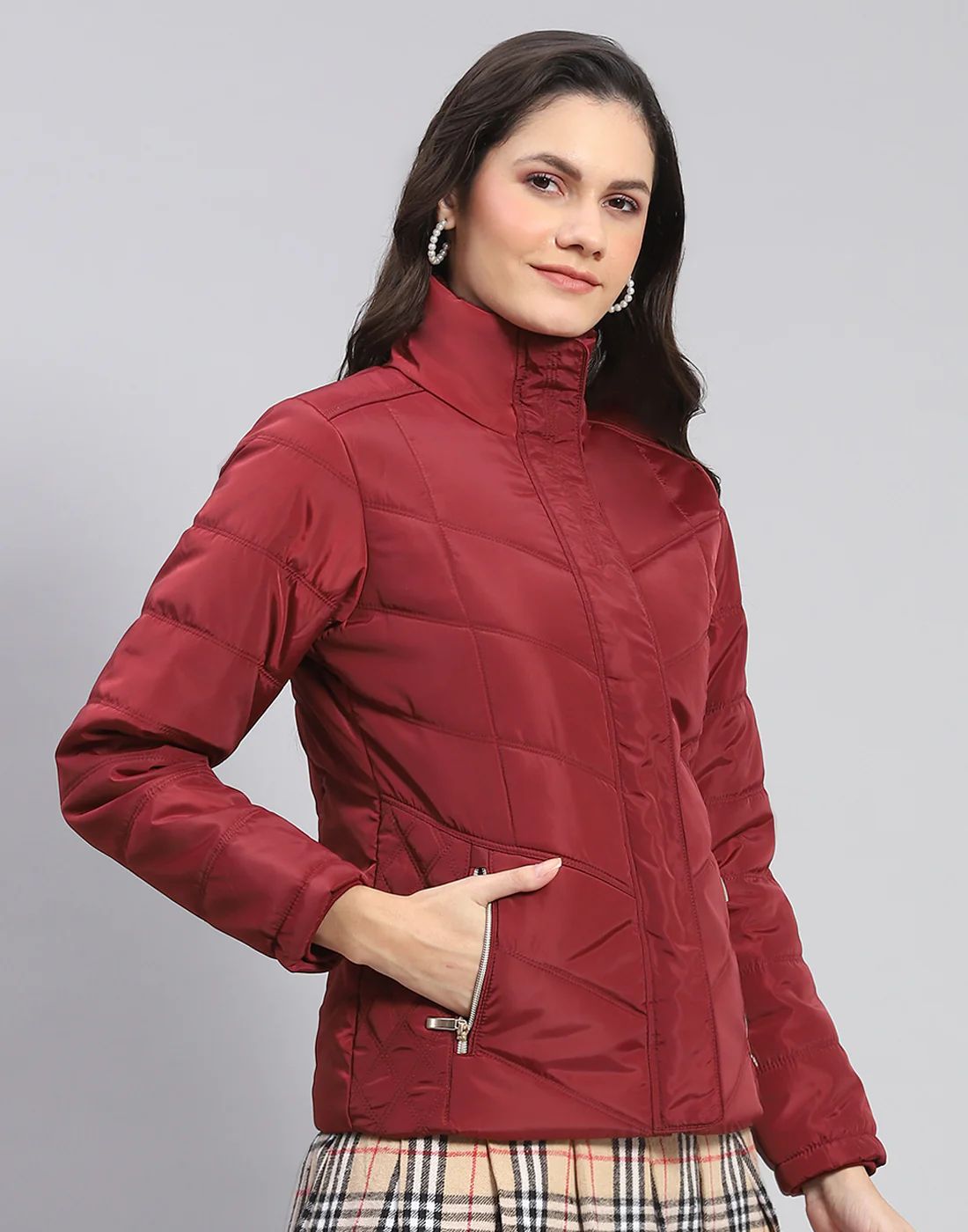 Women Maroon Solid Stand Collar Full Sleeve Jacket - Image 5