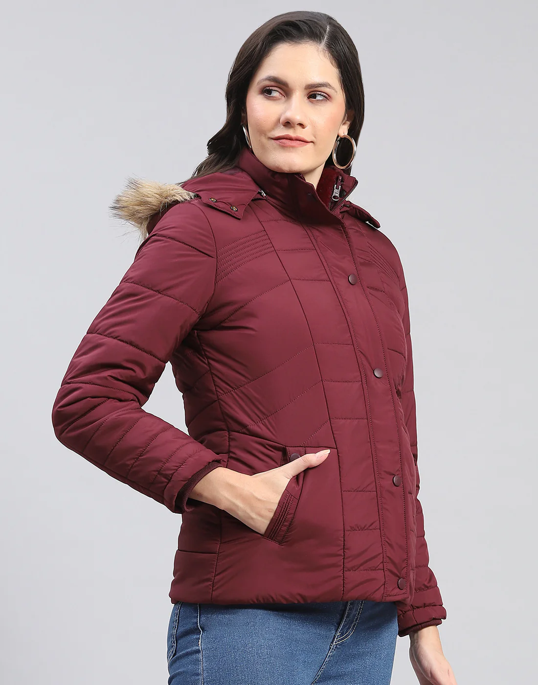 Women Maroon Solid Stand Collar Full Sleeve Jacket - Image 4