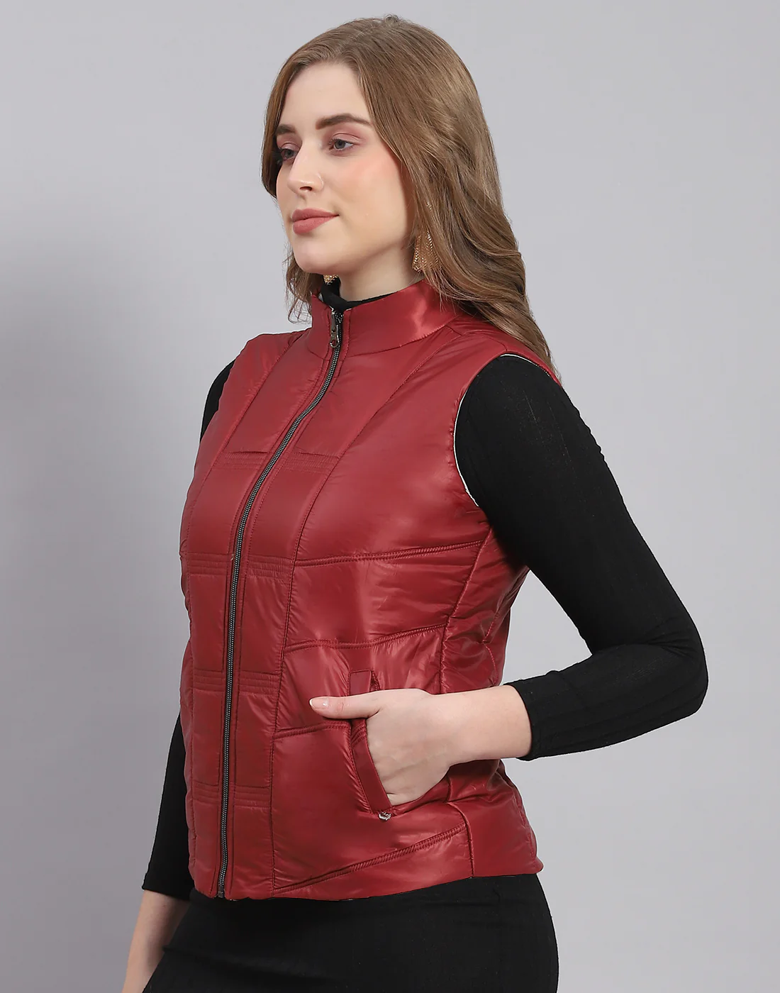 Women Maroon Solid Stand Collar Sleeveless Jacket - Image 4