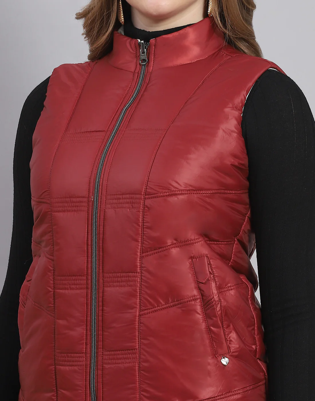 Women Maroon Solid Stand Collar Sleeveless Jacket - Image 8