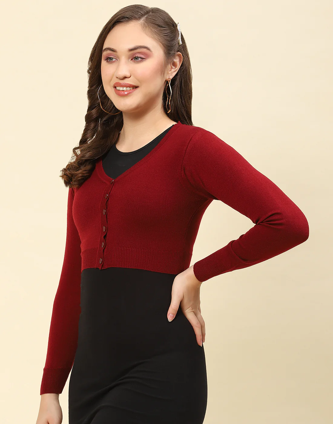 Women Maroon Solid V Neck Full Sleeve Blouse - Image 3