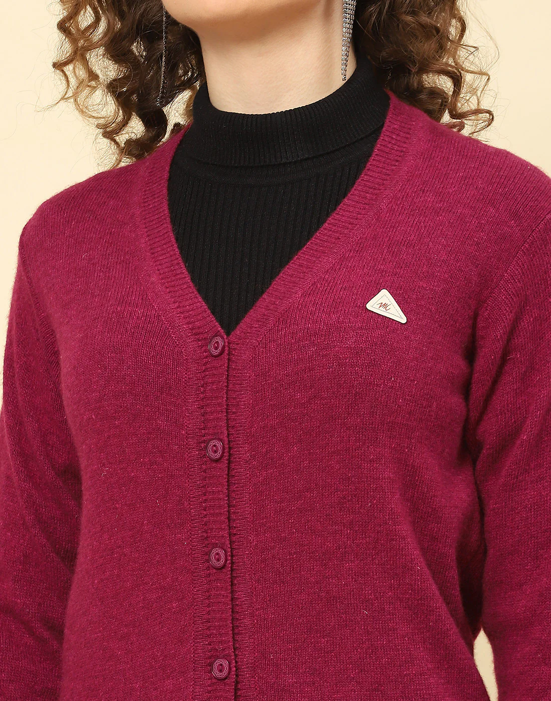 Women Maroon Solid V Neck Full Sleeve Cardigan - Image 6