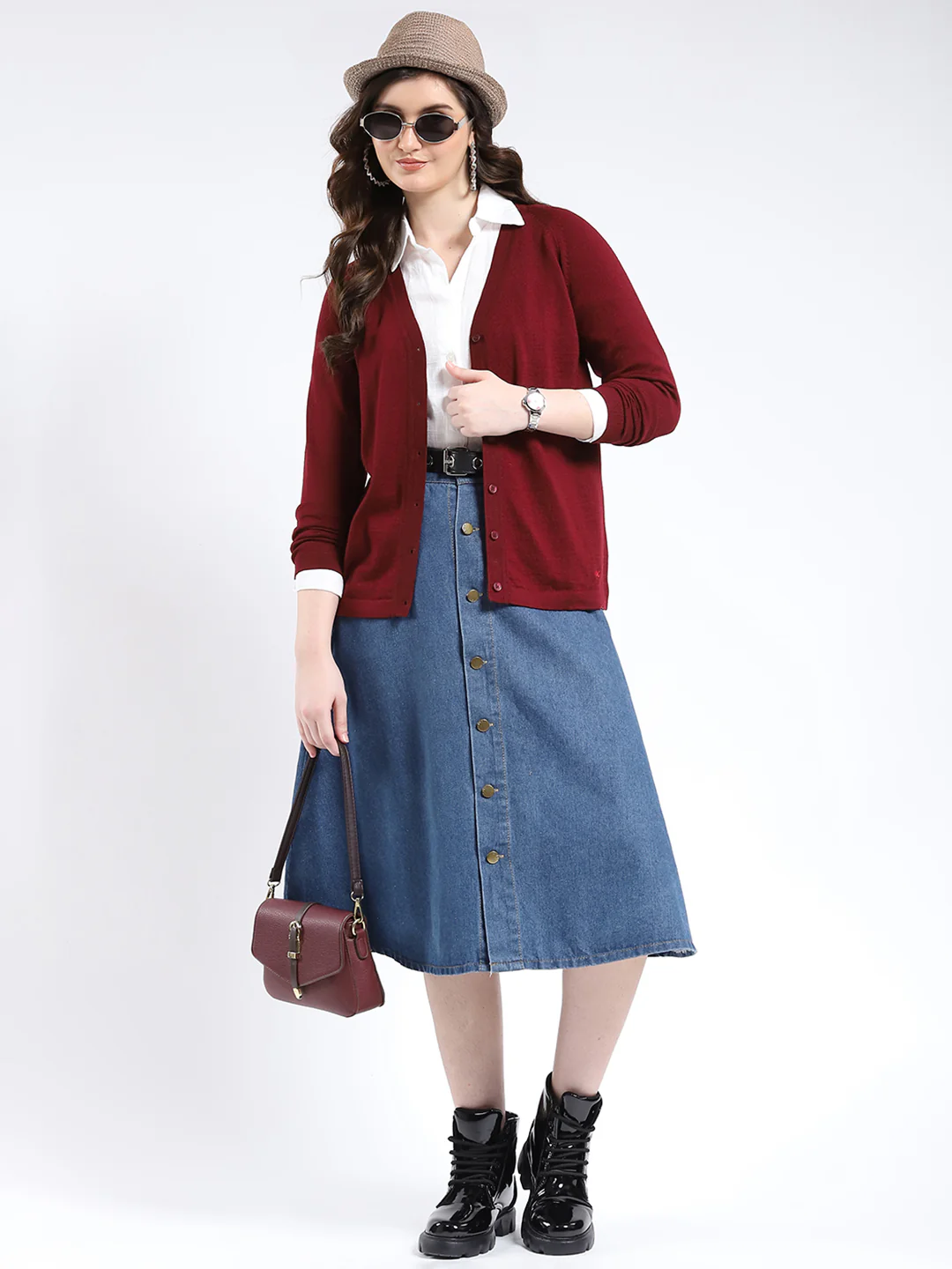 Women Maroon Solid V Neck Full Sleeve Cardigan - Image 2