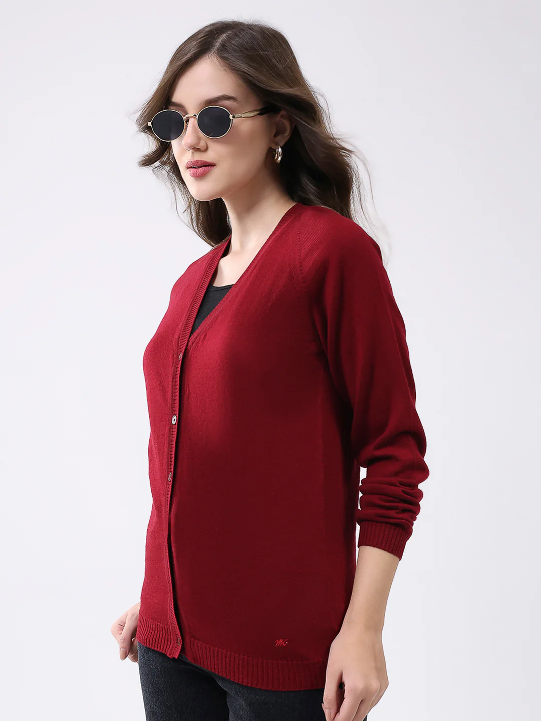 Women Maroon Solid V Neck Full Sleeve Cardigan - Image 6