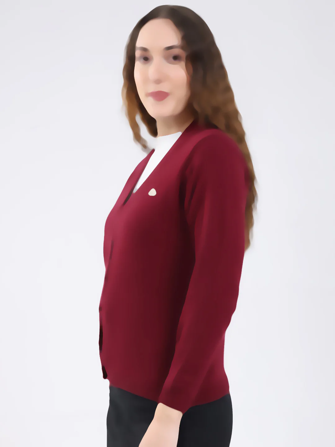 Women Maroon Solid V Neck Full Sleeve Cardigan - Image 3