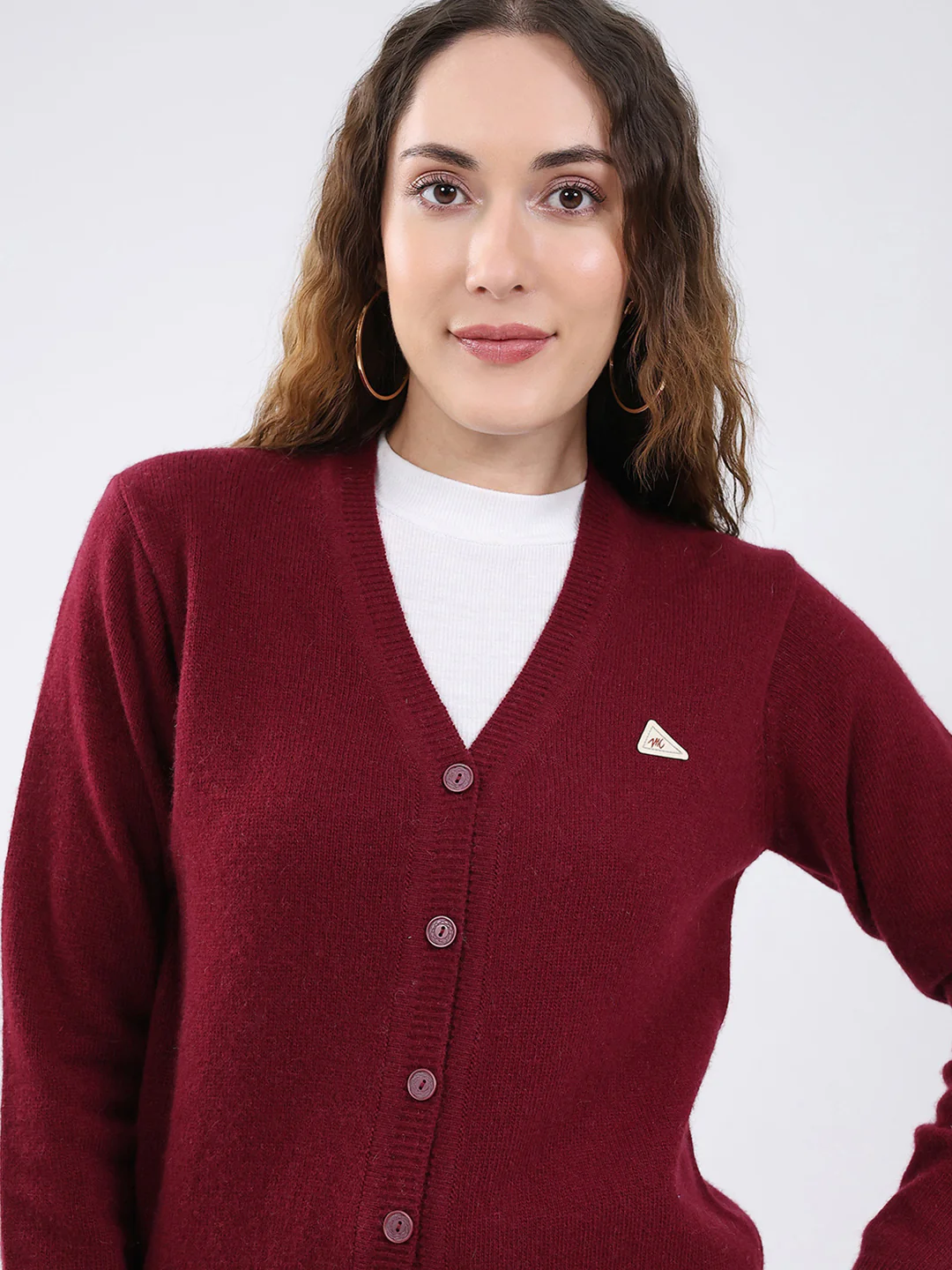 Women Maroon Solid V Neck Full Sleeve Cardigan - Image 8