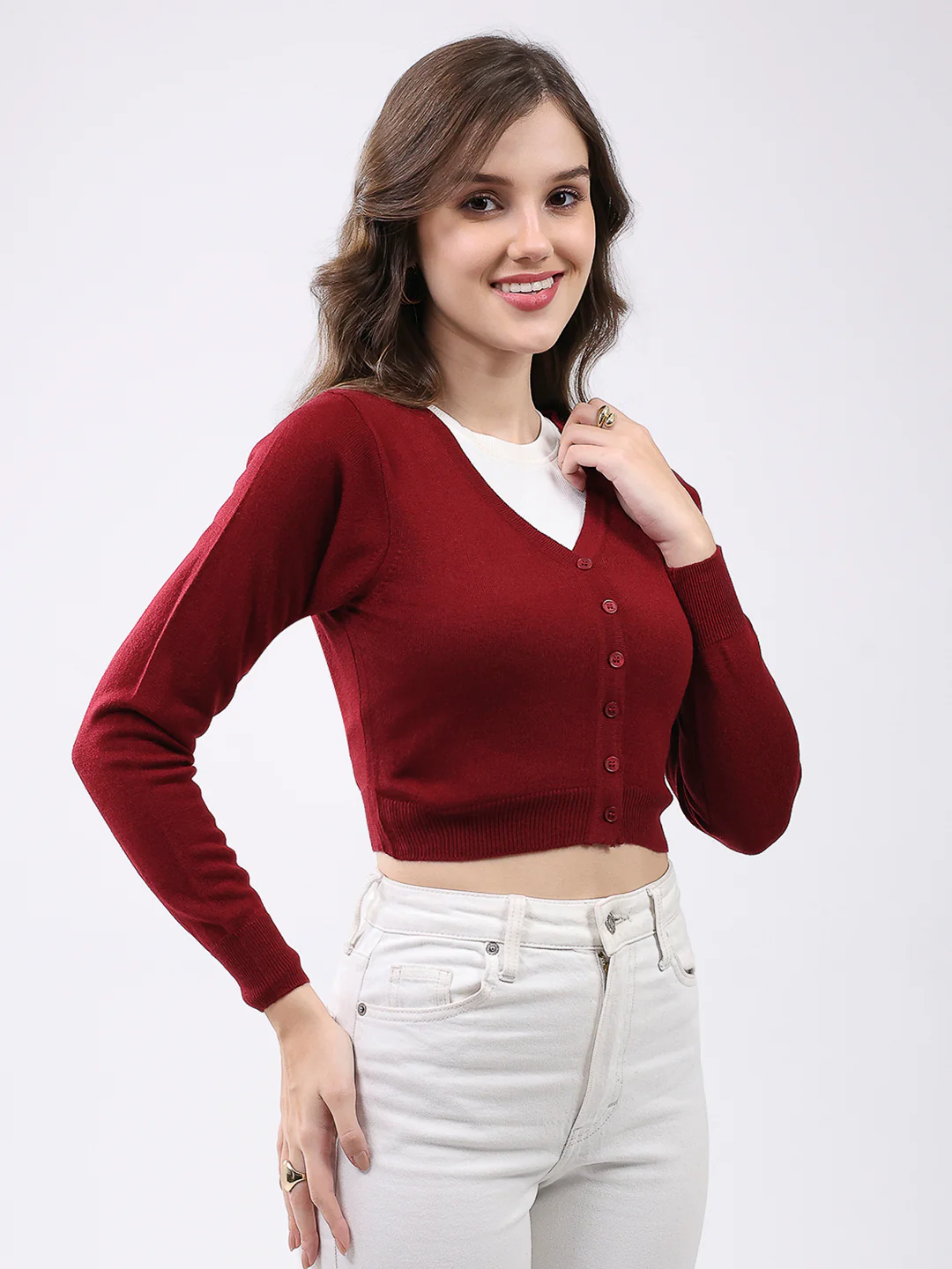 Women Maroon Solid V Neck Full Sleeve Cardigan - Image 4