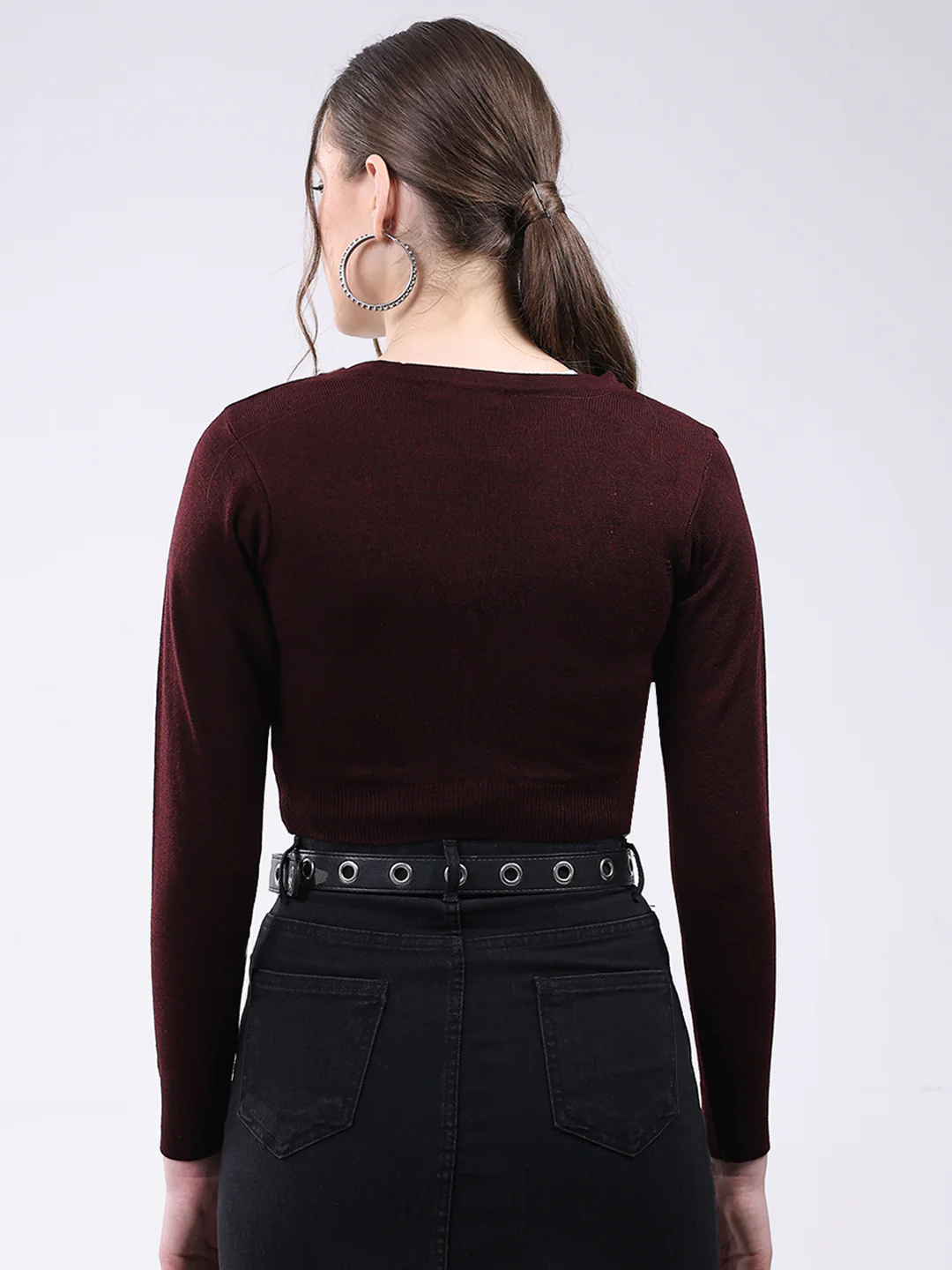 Women Maroon Solid V Neck Full Sleeve Cardigan - Image 5