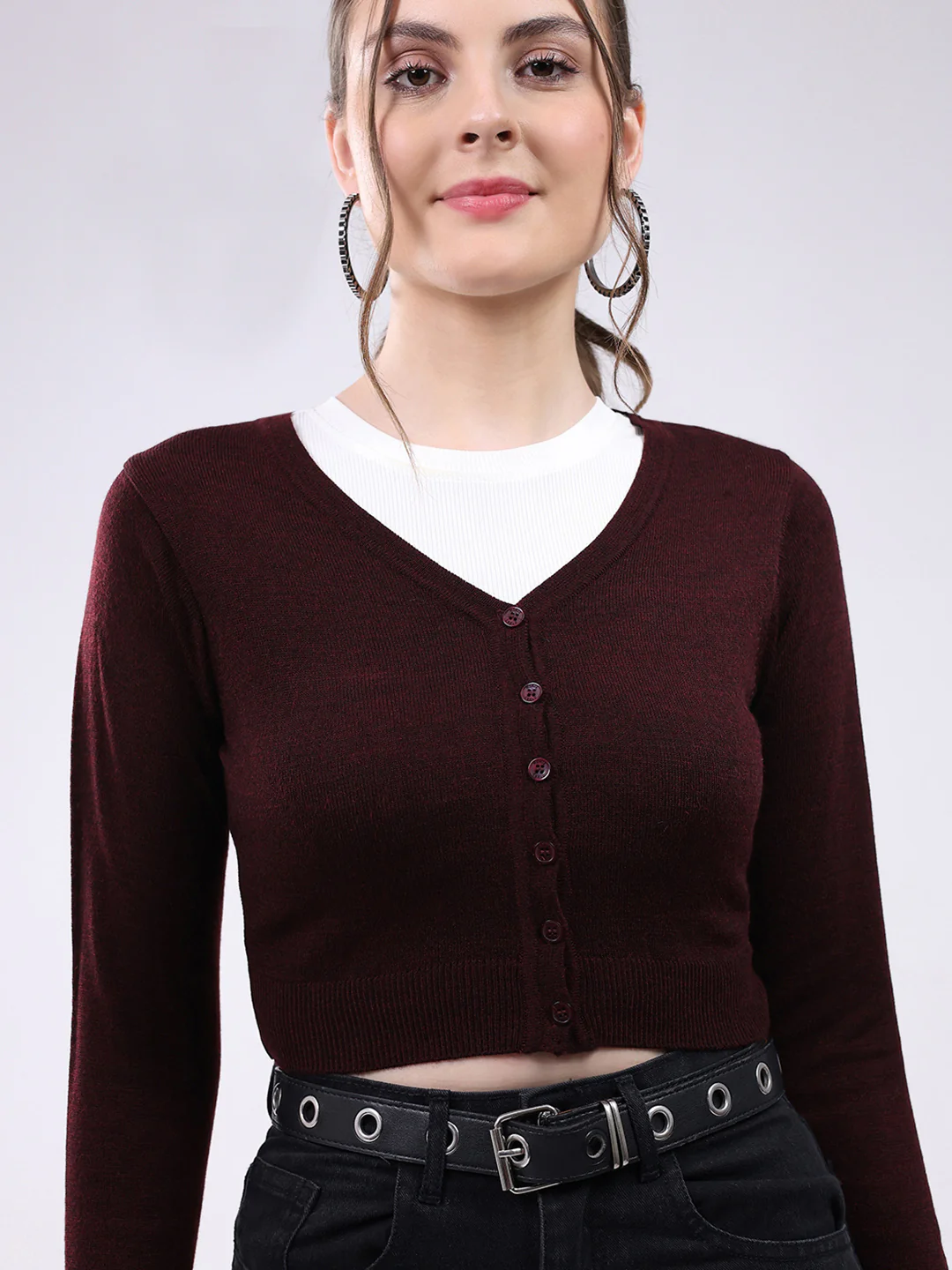 Women Maroon Solid V Neck Full Sleeve Cardigan - Image 6