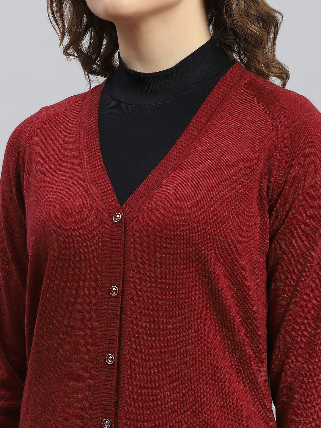 Women Maroon Solid V Neck Full Sleeve Cardigans - Image 6