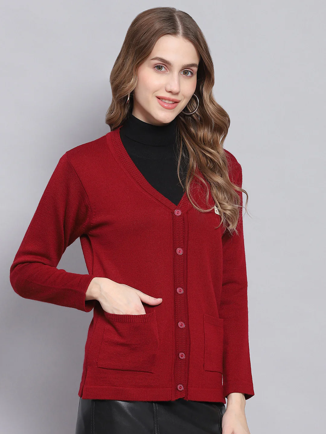 Women Maroon Solid V Neck Full Sleeve Cardigans - Image 4
