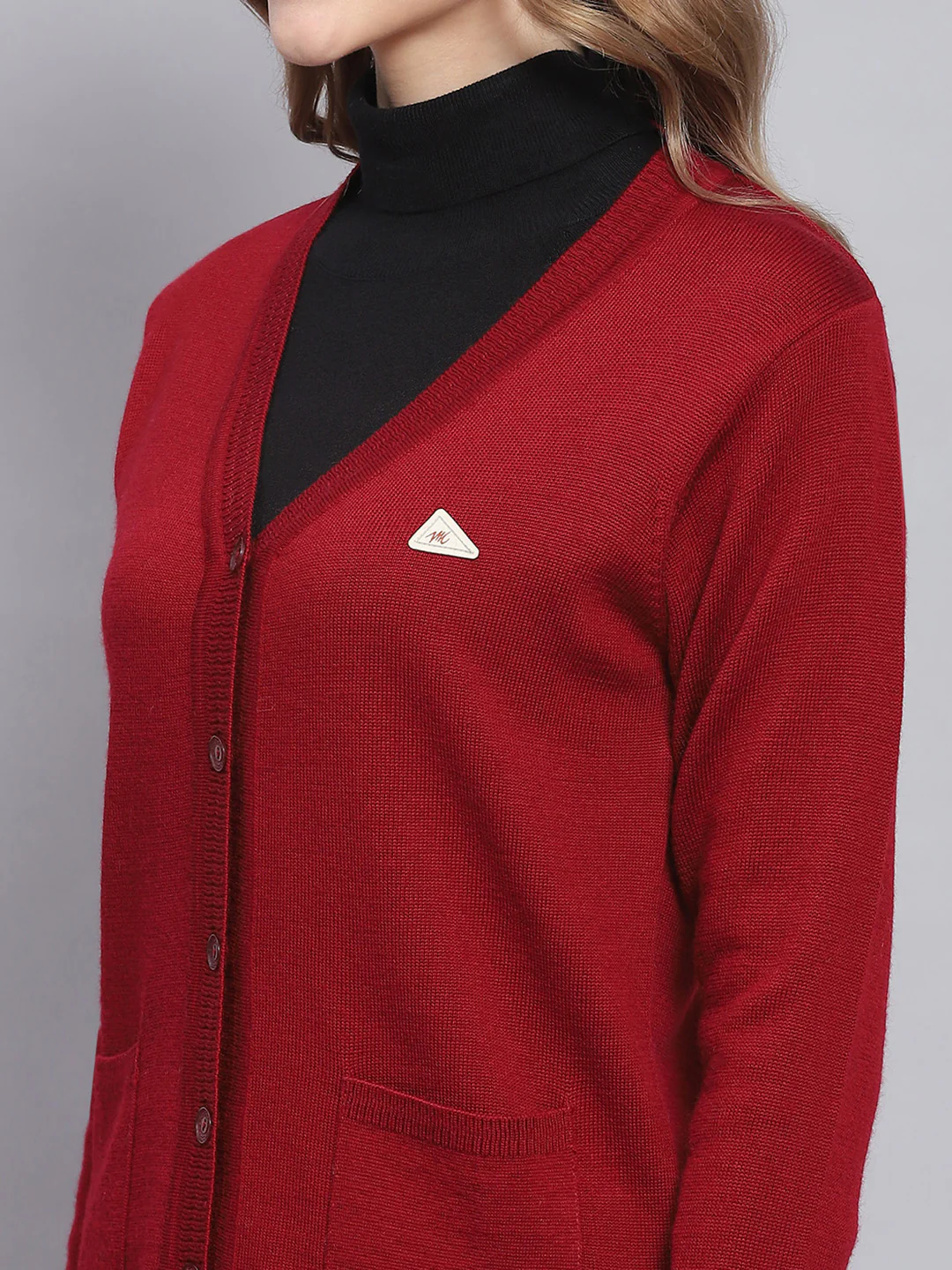 Women Maroon Solid V Neck Full Sleeve Cardigans - Image 6
