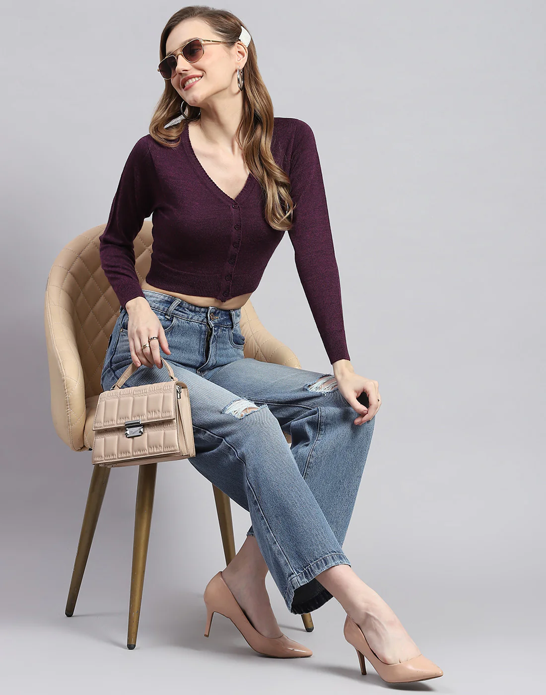Women Maroon Solid V Neck Full Sleeve Sweater - Image 2