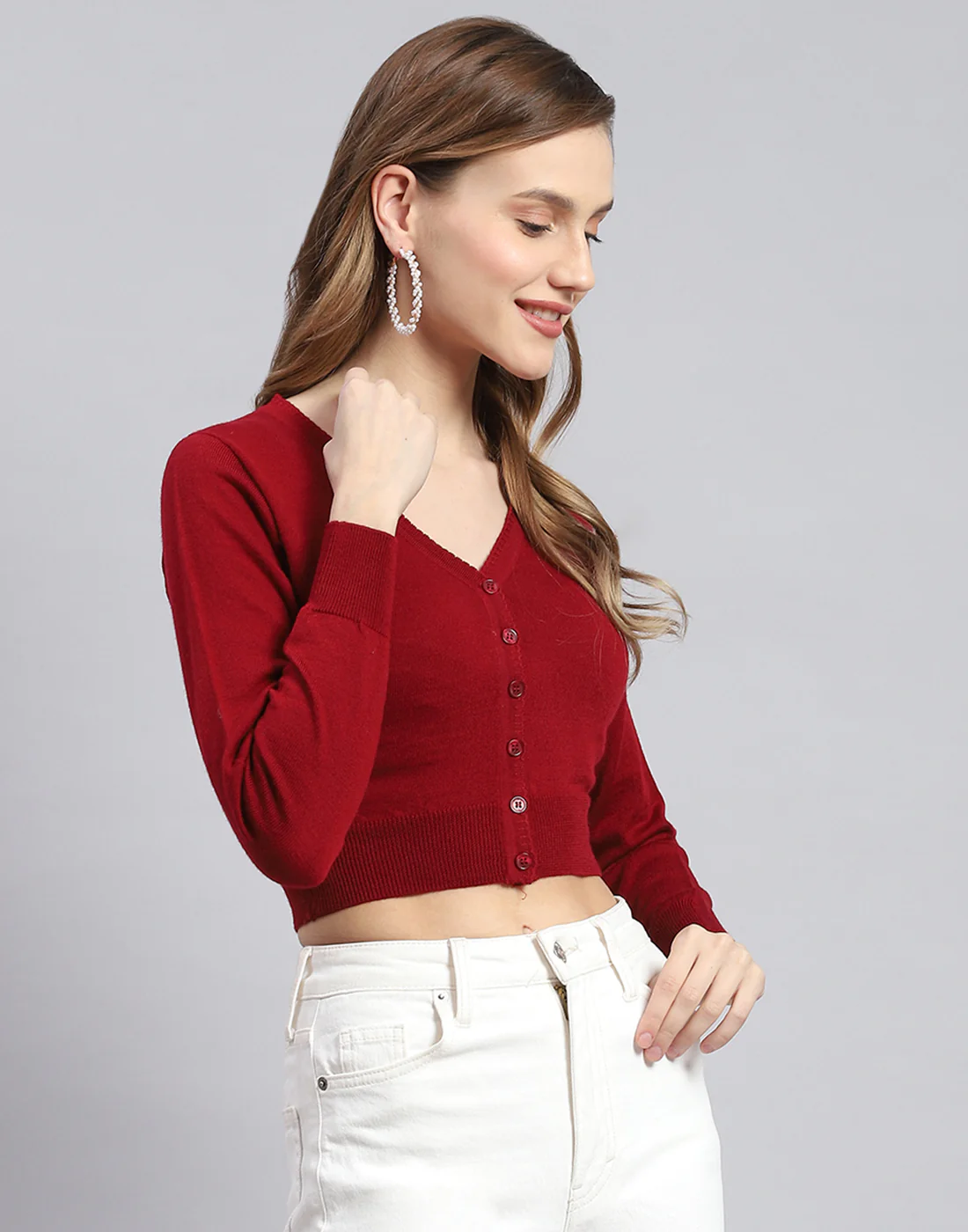Women Maroon Solid V Neck Full Sleeve Sweater - Image 4